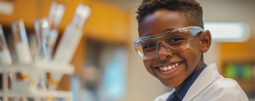 a cheerful young boy in a lab coat and goggles smiles brightly in a science laboratory