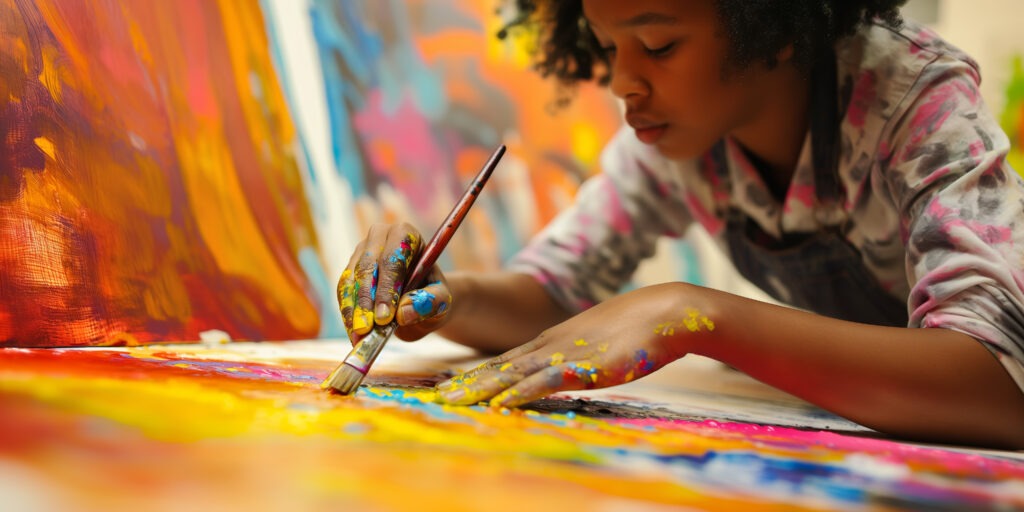 child artist focused on painting vibrant abstract artwork with brushes and bright colors