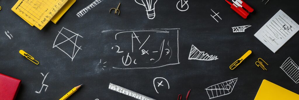 creative and educational flat lay of school supplies on dark chalkboard background with doodles and academic themes.