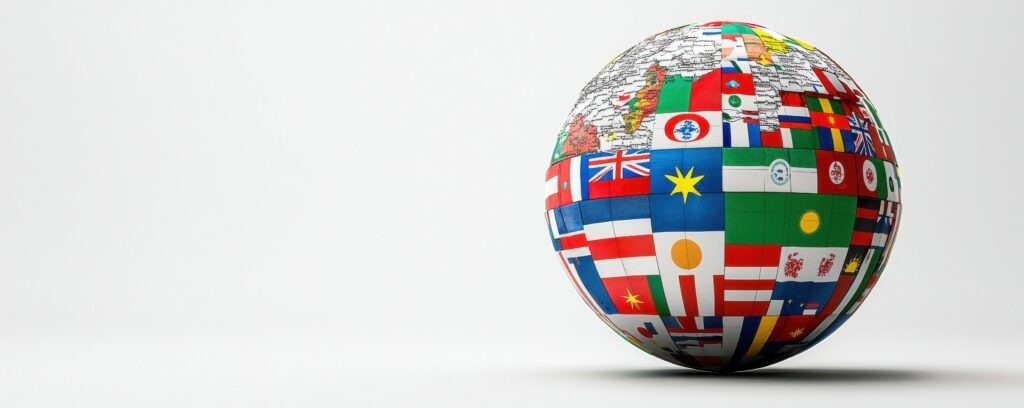 a globe covered with various national flags symbolizing global unity and diversity, featuring a spherical design with countries represented in vibrant colors