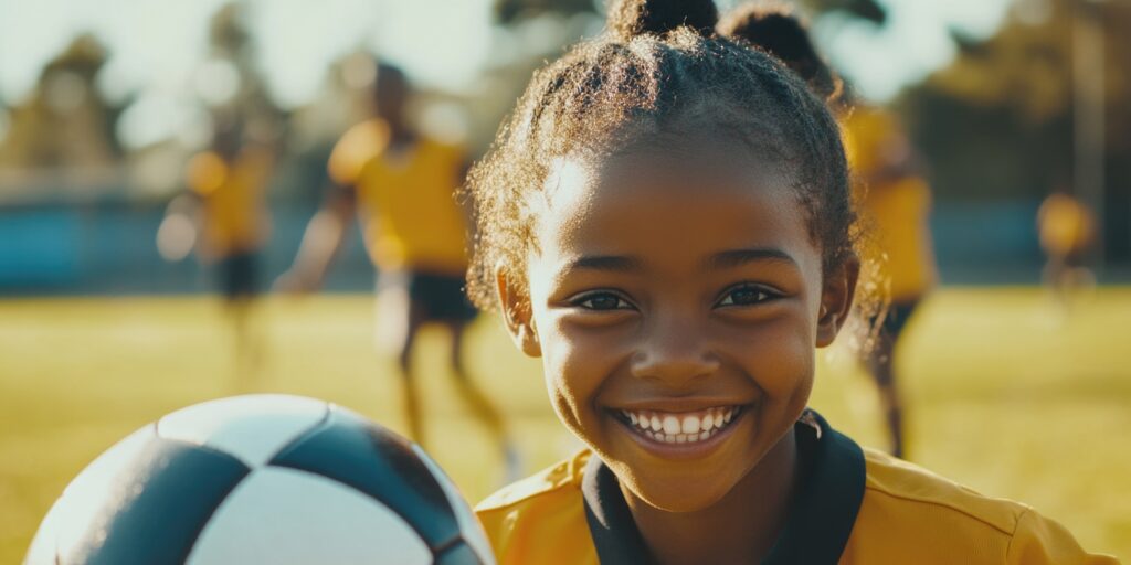a happy young girl holds a soccer ball and smiles, great for sports or children's images