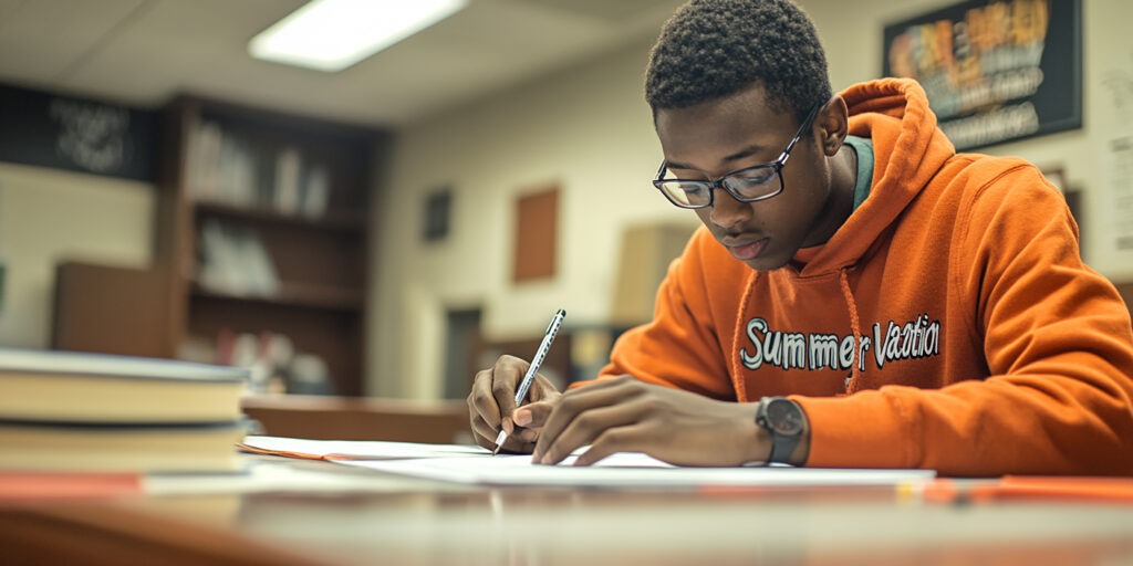 landscape man orange sweatshirt writing with shirt that says swim white letters