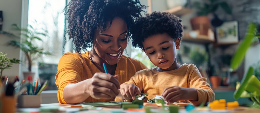 mother and son engage in creative activity