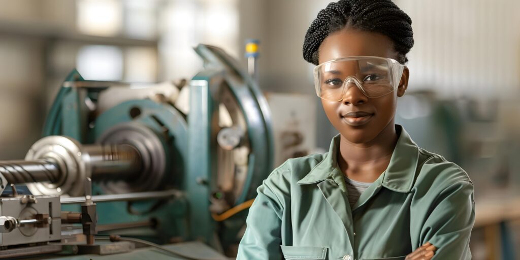 skilled african american female engineer workshop with machinery protective gear concept african american engineer workshop machinery protective gear skilled female industrial setting