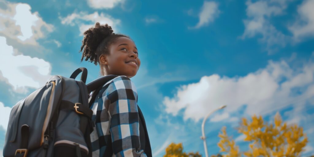 teen girl wearing blue and white plaid shirt with black pants walks on sidewalk under clear blue sky with fluffy clouds. nearby street lamp. carries backpack to school.