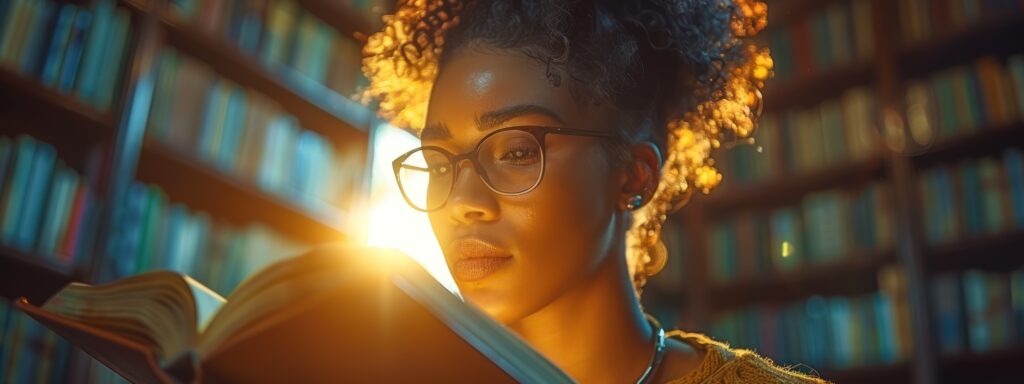 woman reading in a library