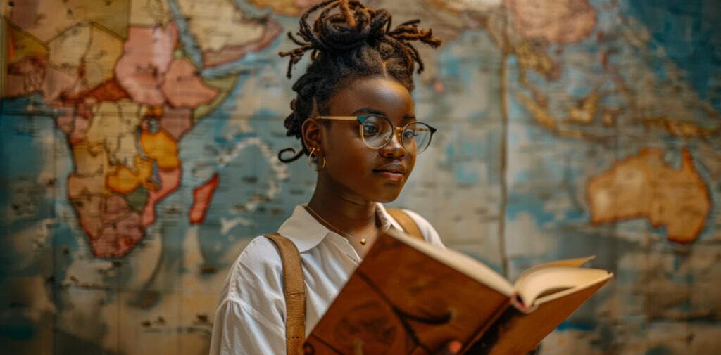 young girl reading a book in front of a world map in a library during the afternoon